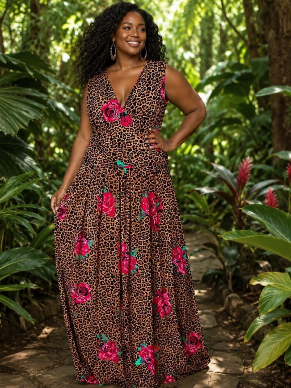 IMAN Leopard Print Maxi Dress with Pink Rose Accents Size 1x